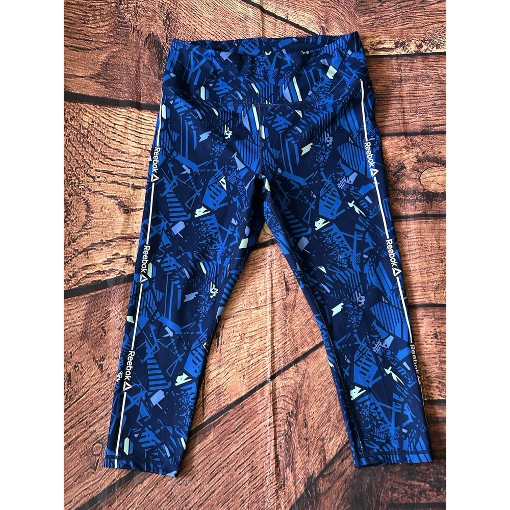 Reebok Leggings‎ Women's Large Blue Print Side Logo Knit Activewear Ankle Pants